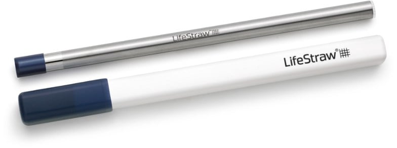 Close-up of PureSip stainless steel water filter straw showing the silicone mouthpiece.
