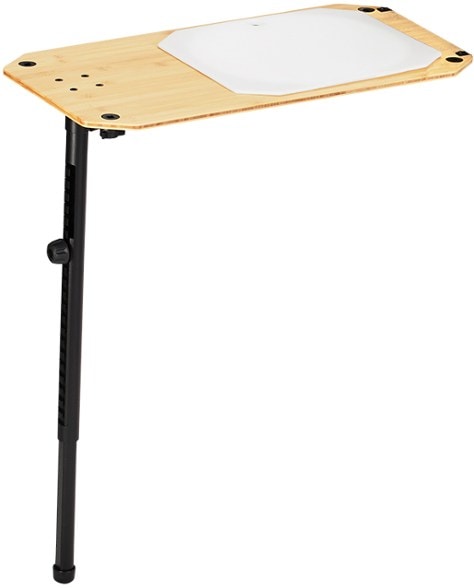 Close-up of bamboo side table with mounted cutting board, ideal portable prep station for campsite cooking