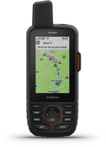 Garmin GPSMAP 67i displayed on a mountain trail, showcasing its rugged design.