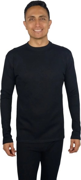 Men's long sleeve alpaca wool base layer top showing the fabric texture and fit.