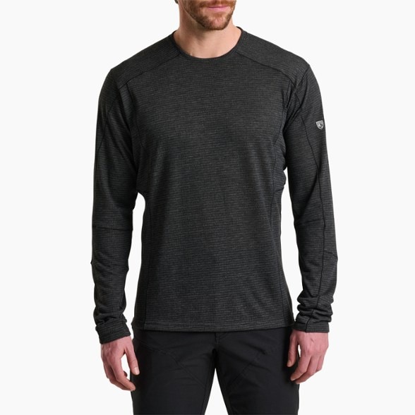 Men's long sleeve base layer featuring carbon-infused yarns for heat regulation.
