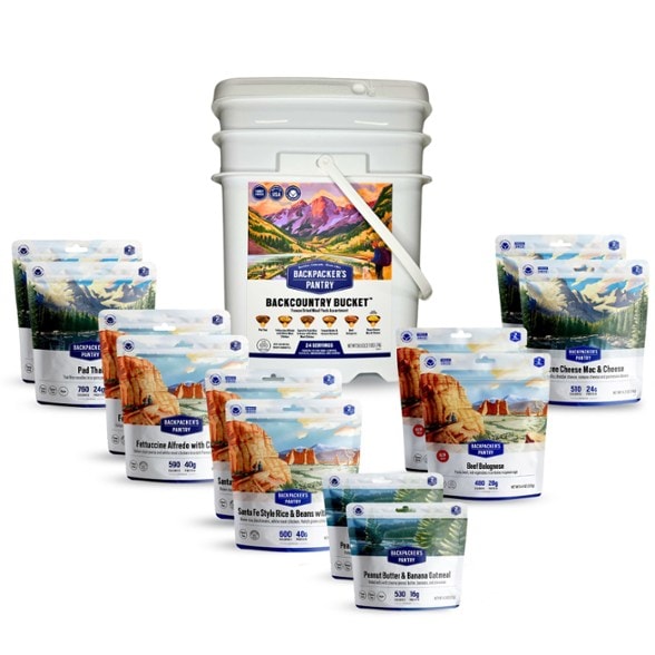Adventure Ready Meal Bucket showcasing various meal pouches for outdoor adventures.