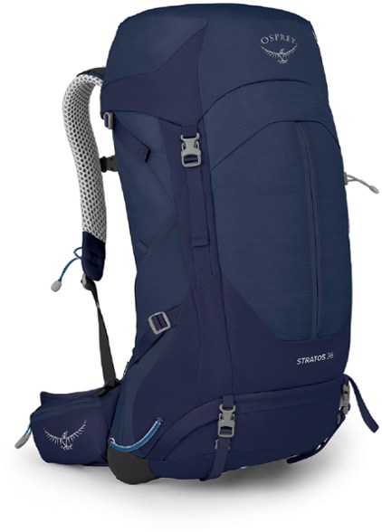 Osprey Stratos 36 men's hiking backpack shown in a scenic mountain landscape.