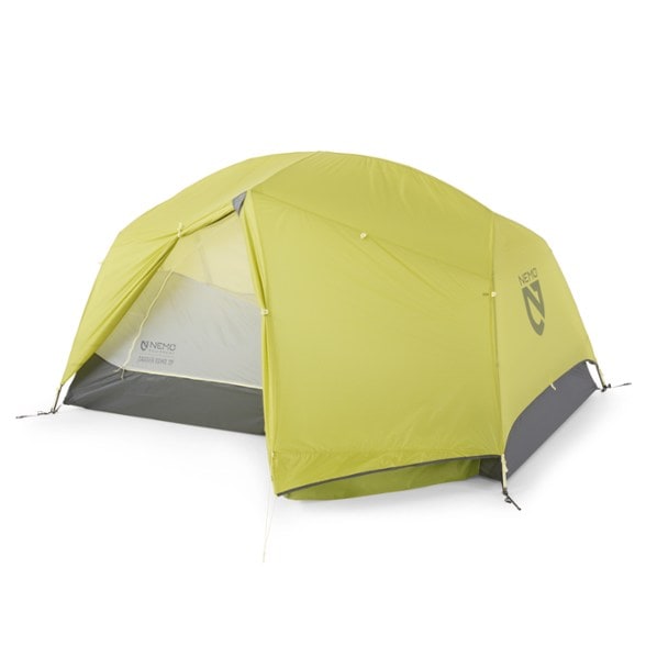 Side view of NEMO Dagger OSMO 2 person tent pitched in forest showcasing lightweight tent design and vestibule space