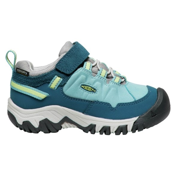 Front view of Keen Targhee IV Little Kids' Hiking Shoes on rocky terrain.