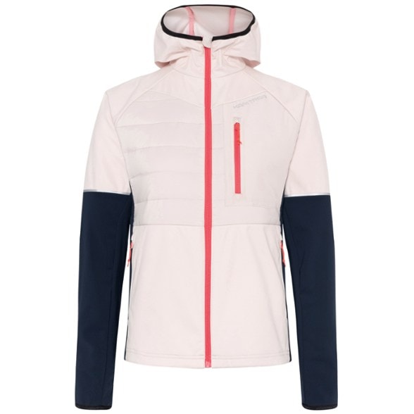 Front view of Nia quilted jacket for women, showcasing secure pockets and reflective details