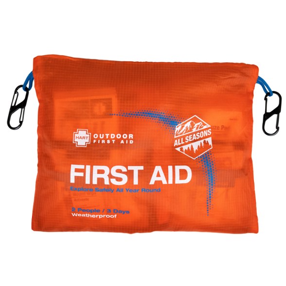 HART Adventure Weatherproof First Aid Kit attached to a backpack