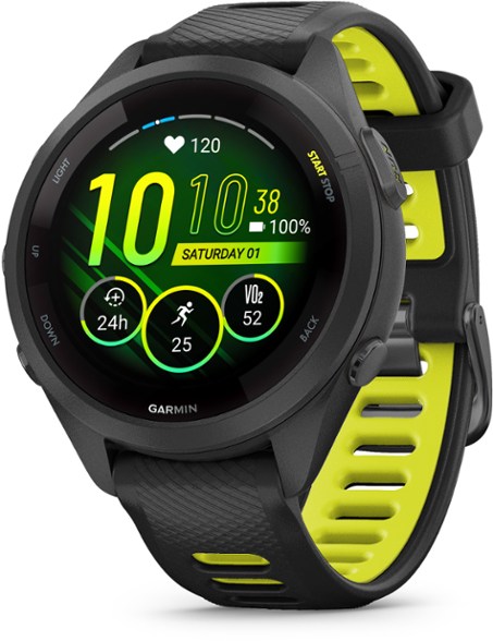 Front view of the Garmin Forerunner 265S showcasing its AMOLED screen and controls.