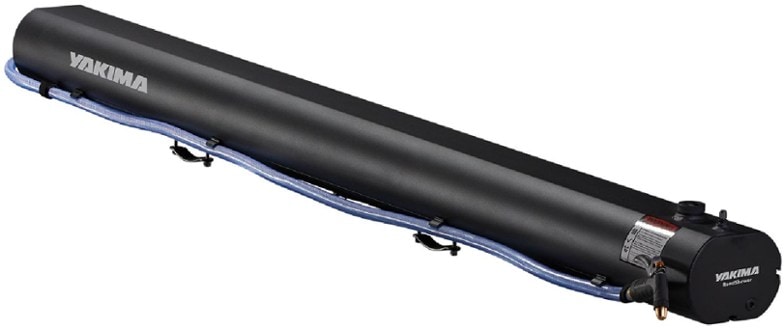 RoadShower Pro mounted on a roof rack during outdoor use, showcasing its portable design.