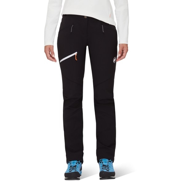 Side view of the soft-shell pants showing waistband adjustment and zip pockets