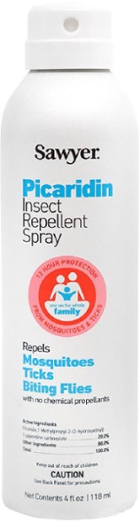 Picaridin insect repellent spray bottle shown outdoors, emphasizing durability and effectiveness against bugs.