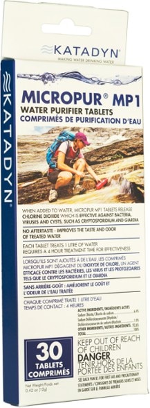 Close-up of Micropur chlorine dioxide tablets in original packaging, highlighting water purification tablets for virus removal
