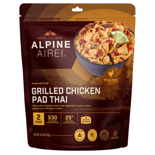 Close-up of TrailBlaze Grilled Chicken Pad Thai freeze dried meal in bowl, showcasing chicken and vegetables