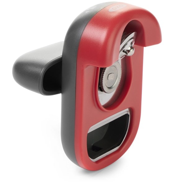 Compact can opener with comfortable handle angled view showing ergonomic grip and stainless steel blade