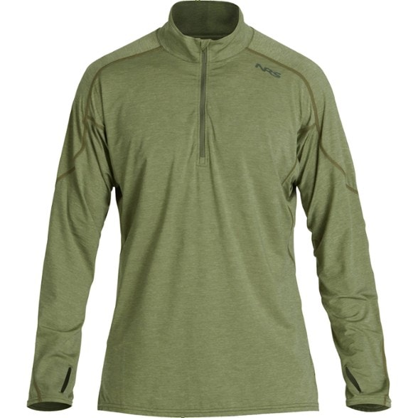 Front view of men's outdoor shirt featuring quarter-zip and tall collar for extended sun protection