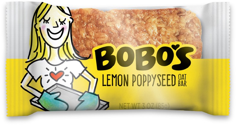 Bobo's Oat Bar Lemon Poppyseed on a wooden table, perfect for hiking snacks