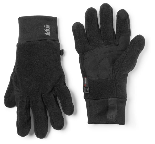 Side view of men's fleece gloves with touchscreen fingertips and synthetic suede palms