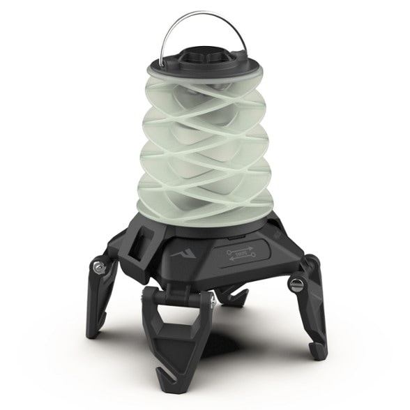 Helix Pro rechargeable camping lantern in use at a campsite, showcasing its bright white light.