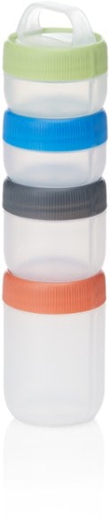 Close-up of TrailNest snack capsules interlocked and packed into a hiking backpack