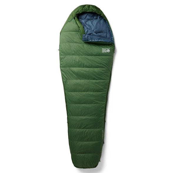 Bishop Pass 30° Mummy Sleeping Bag with down insulation showcased in a camping setting.