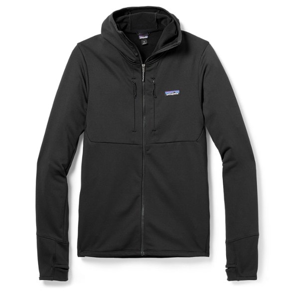 Patagonia R1 Thermal Full-Zip Hoodie in action on a snowy mountain trail, showcasing its warmth and fit.