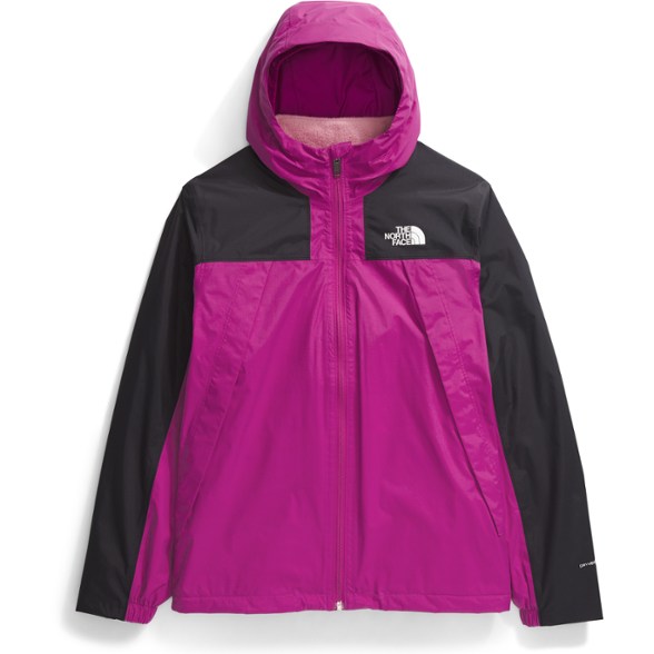 Front view of Antora kids waterproof jacket with removable liner, showing hood and zippered pockets