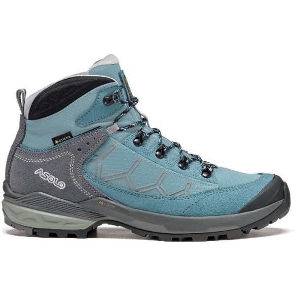 Side view of Asolo Falcon EVO GV Women's Waterproof Hiking Boots on rocky terrain.