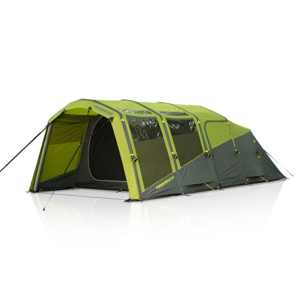 Zempire Evo TL V2 inflatable tent set up at a campsite, showcasing its spacious interior and multiroom capabilities.