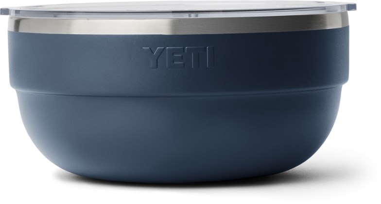 Top-down view of the YETI Rambler Pro Bowl on a picnic table with chili inside, showing its insulation and serving capacity