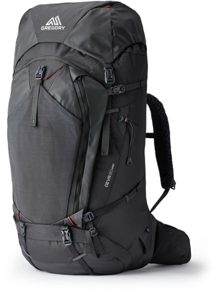 Front angle of women's hiking backpack showing adjustable straps and ventilated back panel for breathability