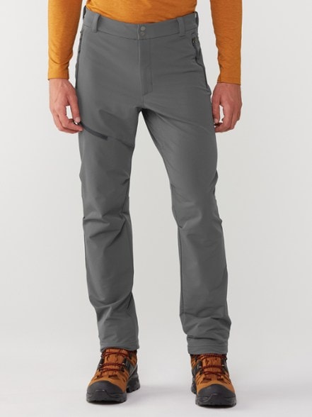 Front view of TrailFlex soft-shell pants showing articulated knee and zippered pockets