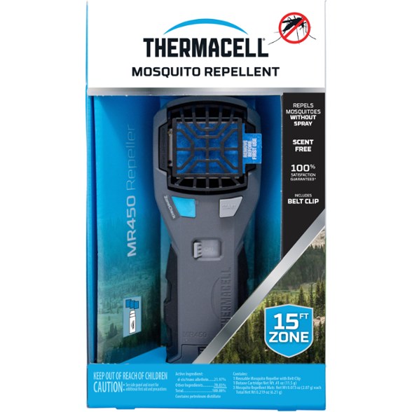 Thermacell MR450 mosquito repeller in use during a camping trip.