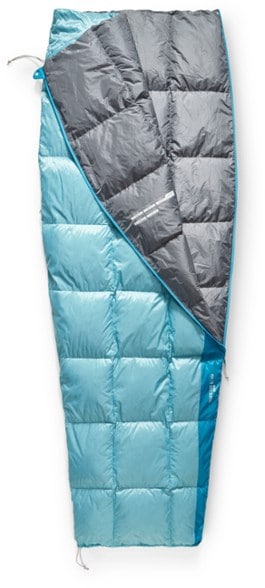 Side angle of ultralight sleeping bag showing full-length zipper and shoulder drawcord for temperature control