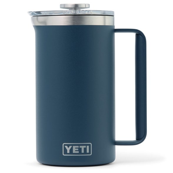 Side view of YETI Rambler stainless steel French press showing durable insulated design