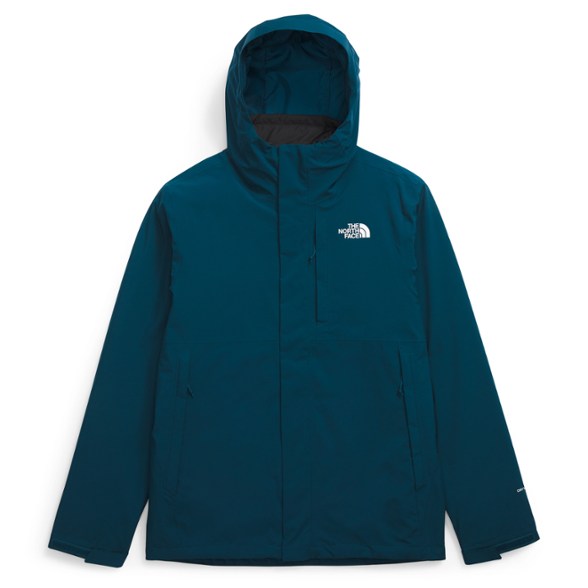 Men's waterproof jacket shown in a snowy landscape with a drawcord hood.