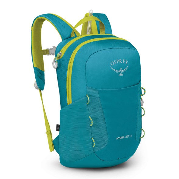 Osprey HydraJet 12 hydration backpack on a child during a bike ride, showcasing its vibrant colors and features.