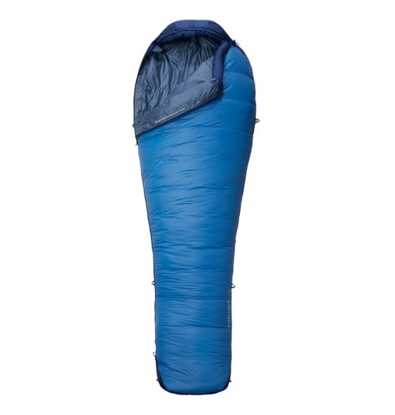 Bishop Pass Women's 30 Degree Down Sleeping Bag in a camping setup, highlighting its durability and features.