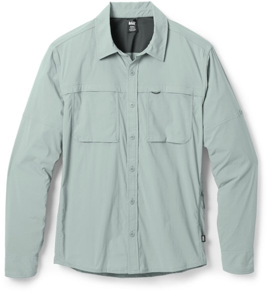 Front view of men's hiking shirt with UPF 50 sun protection and quick dry fabric in natural outdoor setting