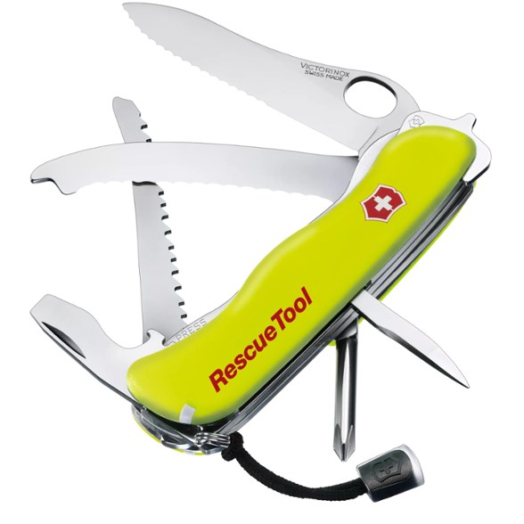 Swiss Army Multi-Tool Rescue Knife with seatbelt cutter and window breaker.