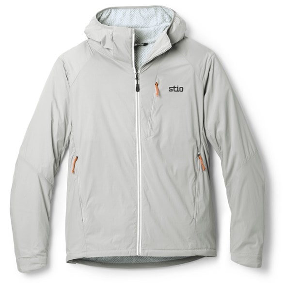 Men's Dawner hooded insulated jacket in action on a hiking trail, showcasing its lightweight and water-resistant features.