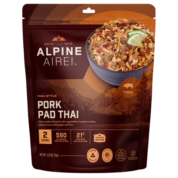 AlpineAire Foods Pork Pad Thai served in a bowl outdoors, showcasing the meal's vibrant colors.