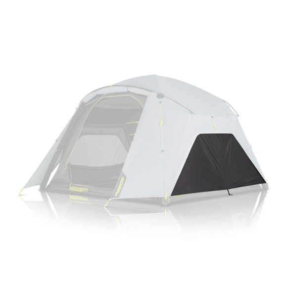 Angled view showing Aerospeed 6 tent wall set zipped onto fly panels with shaded ventilation setup
