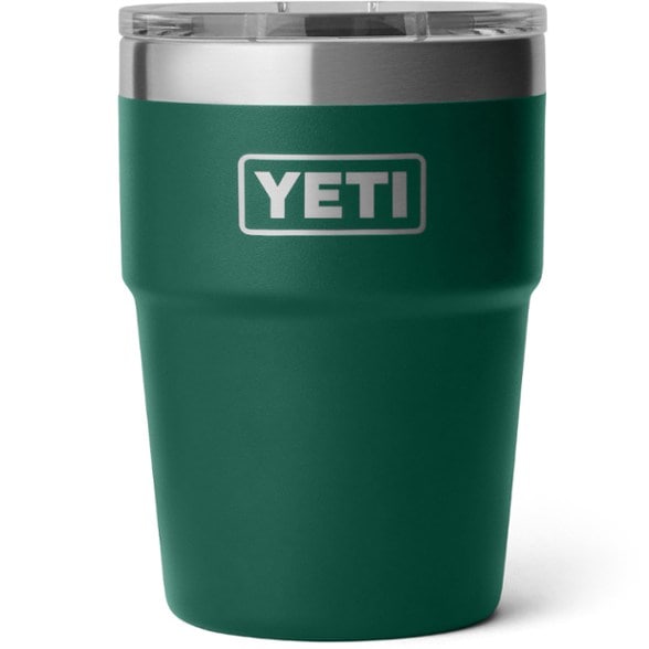 Close-up angle of the TrailStack 16oz insulated mug with MagSlider lid shown on a rustic outdoor table — ideal travel coffee cups for mornings at camp.