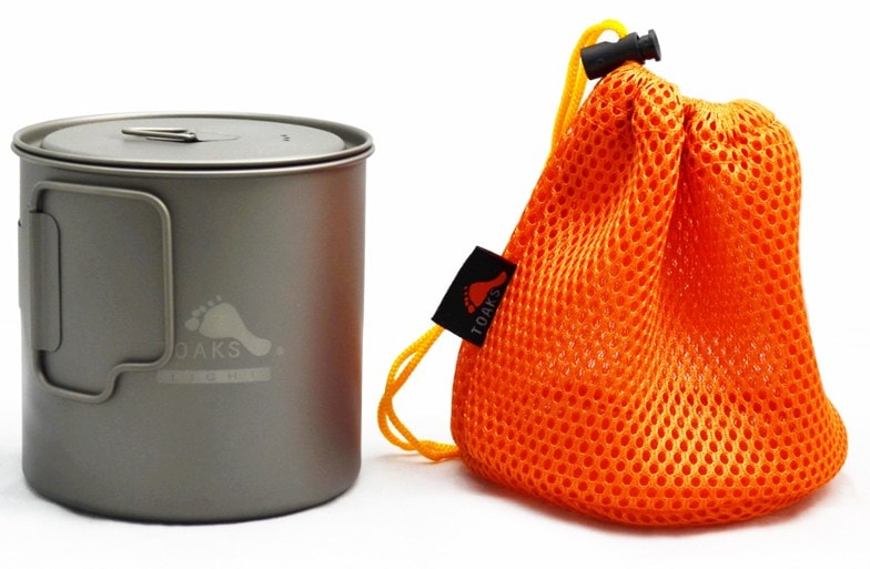 TOAKS Ultralight Titanium Cooking Pot viewed from above, showcasing its lightweight design suitable for backpacking.