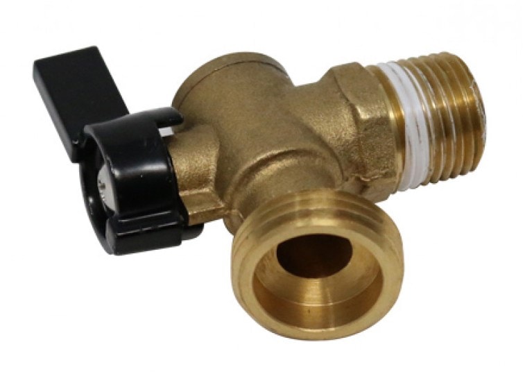 Angled side view of the DualFlex On-Off Elbow connector mounted on a RoadShower tank