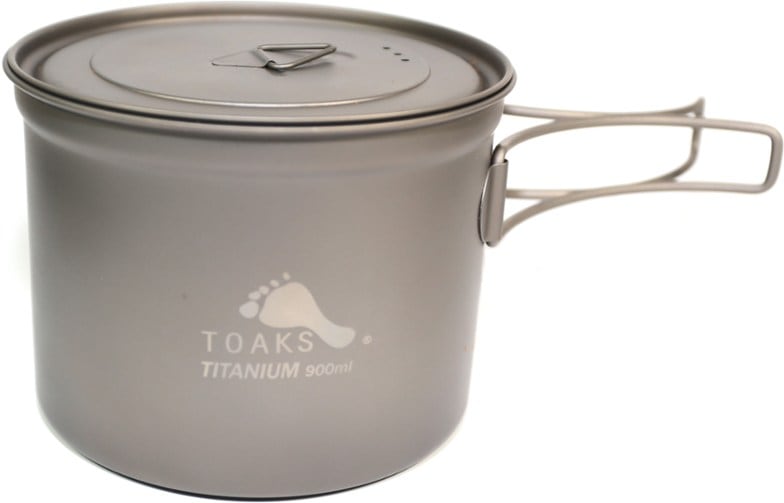 TOAKS UltraLight 900ml Titanium Pot showing its compact design and foldable handles.
