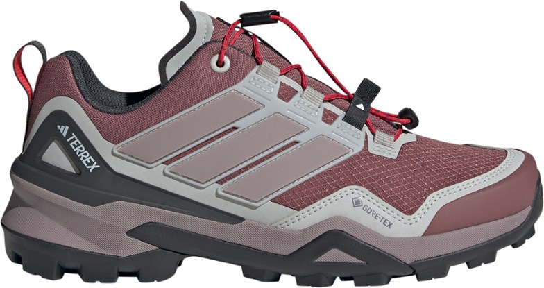 Side view of Adidas Terrex Skychaser GTX women's hiking shoes showing abrasion-resistant uppers and molded toe cap