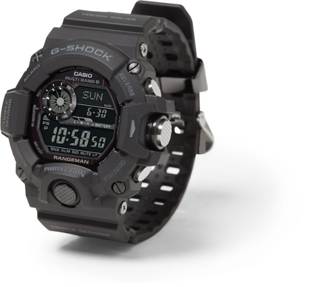Rugged G-Shock watch with solar power features, angled view