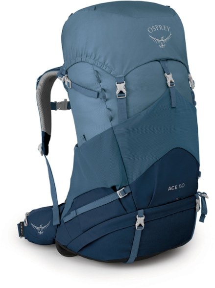 Osprey Ace 50 Kids Adjustable Hiking Backpack showing front view with rain cover