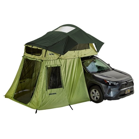 SkyRise HD camping annex extension setup beside a roof-top tent